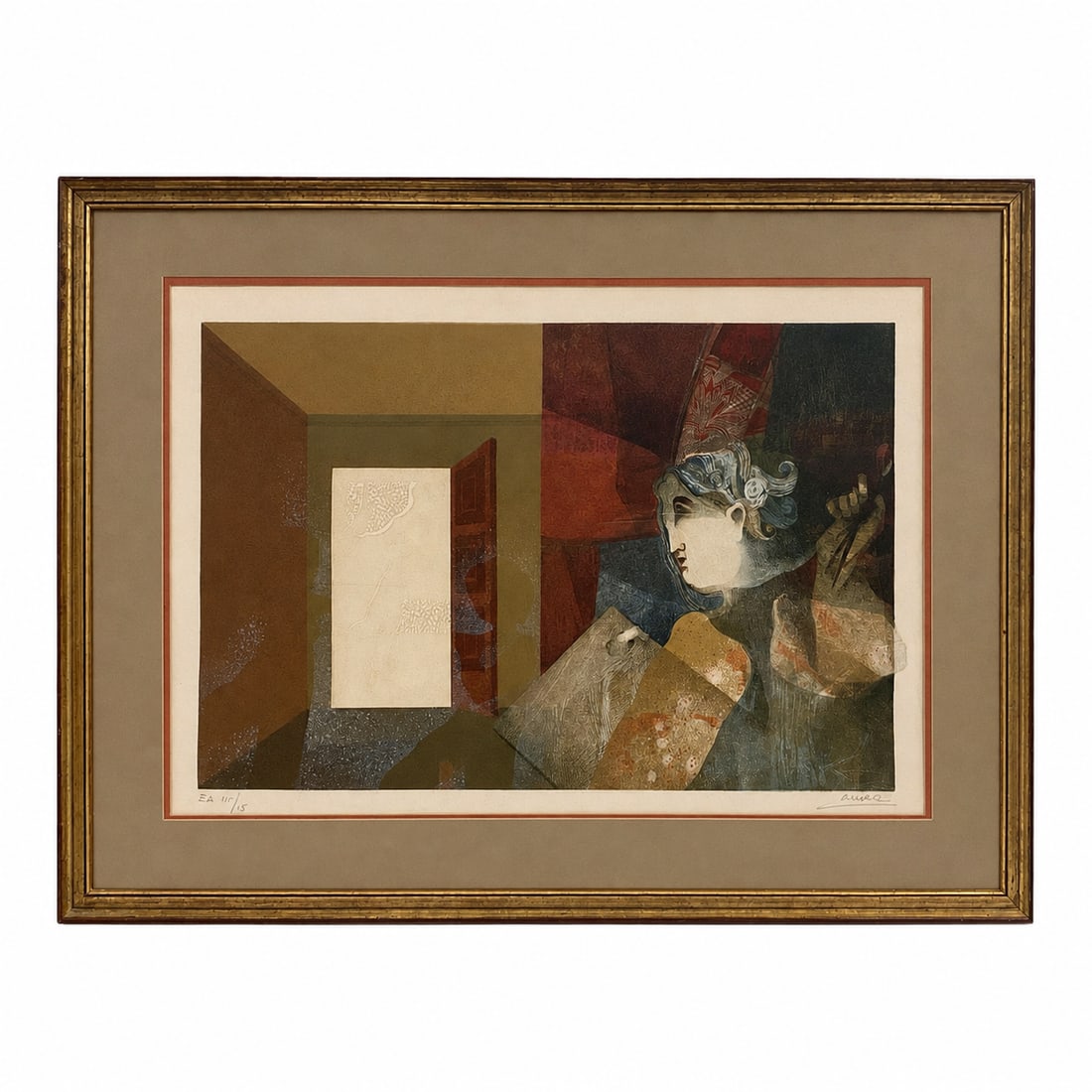 L'Inspiration by Alvar Sunol Munoz-Ramos (Spanish, B. 1935) Lithograph with Embossing: An original color lithograph with blind embossing titled L'Inspiration by Spanish master Àlvar Suñol Muñoz-Ramos. The interior composition featur