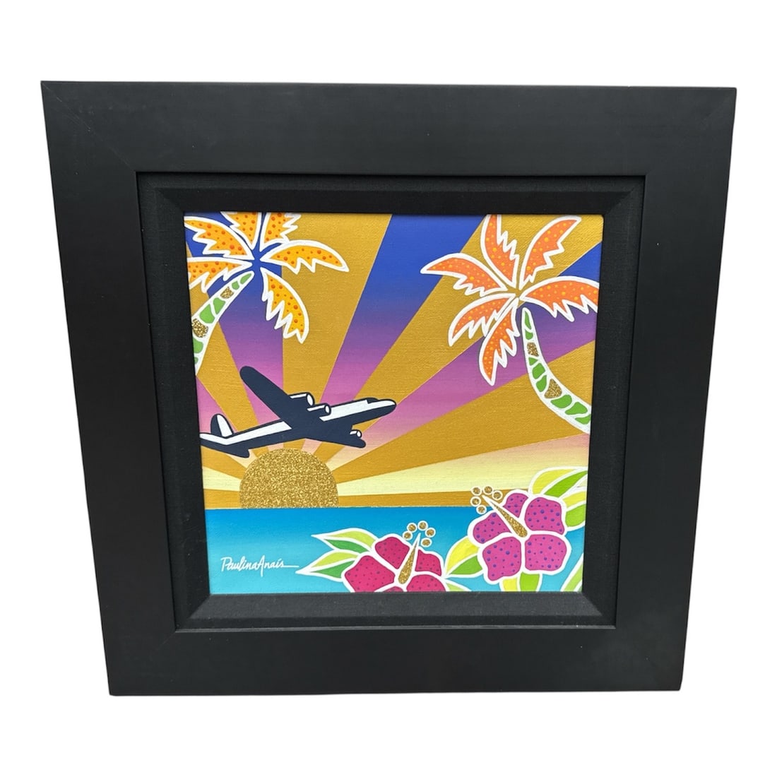 “Paradise?? by Paulina Anais Acrylic on Canvas: Description:Colorful acrylic painting titled Paradise by contemporary artist Paulina Anais, depicting a stylized tropical scene with a jet airplane flying over a radiant sunset framed by palm trees