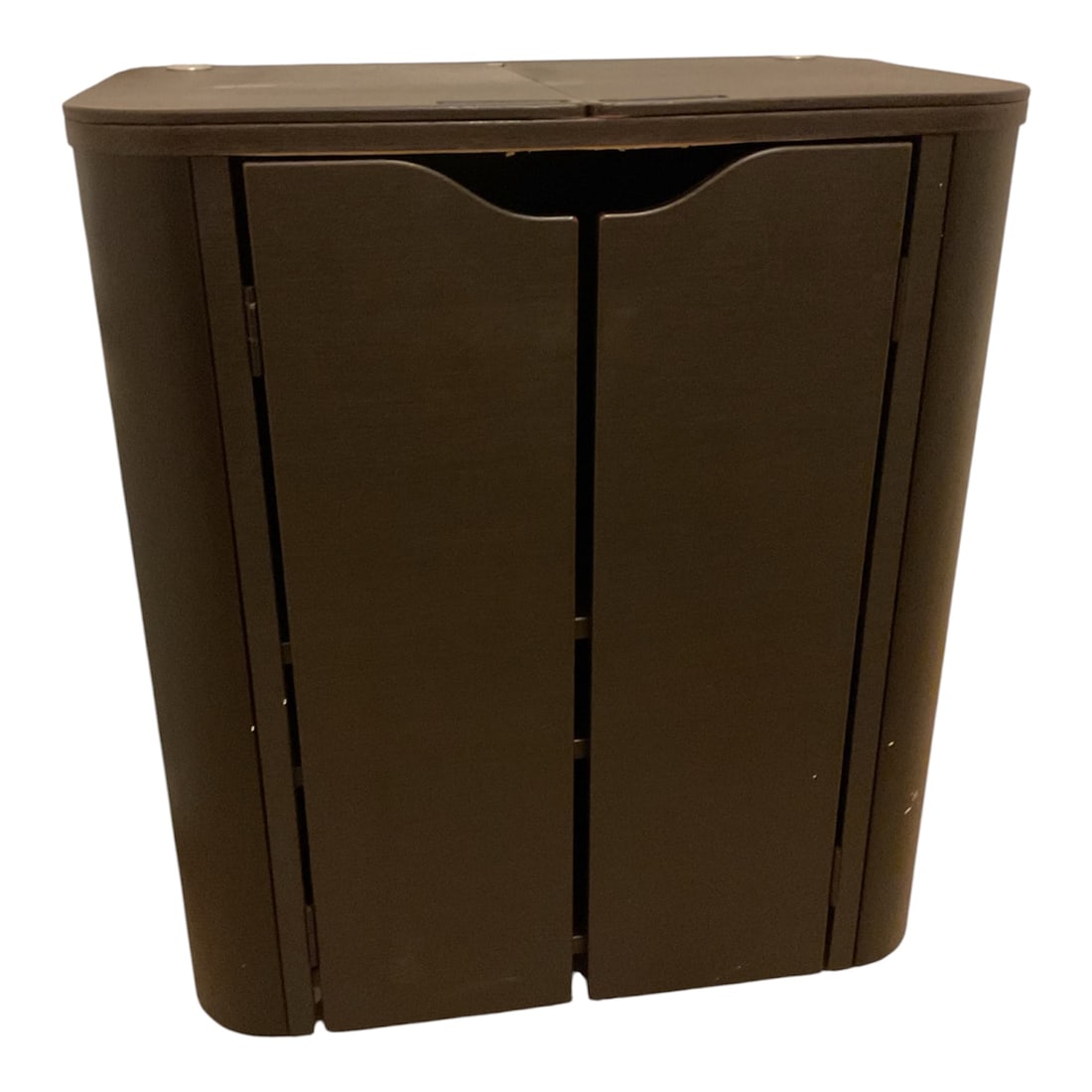 Contemporary Dark Wood Double-Door Spa Storage Cabinet: A contemporary spa or salon storage cabinet featuring a dark espresso-brown wood finish with softly rounded corners and a clean, streamlined profile. The front is fitted with two hinged doors with scu