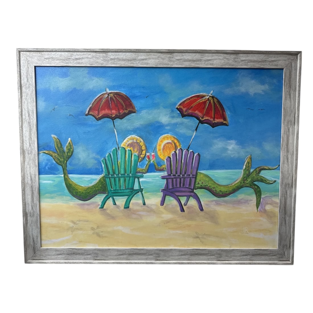 Whimsical Beach Scene Painting with Mermaid Chairs and Umbrellas, Framed and Signed JR (1 of 4)