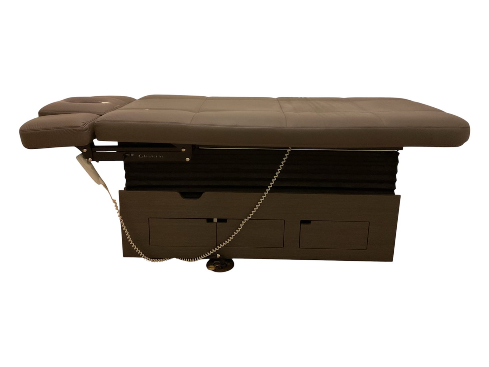 Gharieni Electric Spa Treatment Table with Integrated Storage Mini Cabi: A professional Gharieni electric spa and massage treatment table featuring taupe upholstered padding with a segmented adjustable treatment surface and integrated face opening. The powered base incorpo