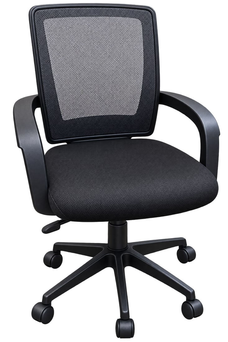 Ergonomic Black Mesh Back Office Task Chair: A modern ergonomic executive task chair featuring a breathable grey and black mesh backrest, a padded black fabric seat cushion, fixed armrests, pneumatic height adjustment, and a five-star caster bas