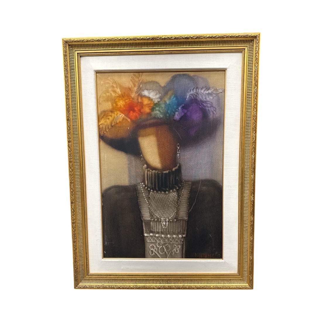 Carlos Catasse - Renee y la Distinción: Elegant figurative painting by Latasse titled Renee y la Distincioacute;n. Features a stylized female figure adorned with layered jewelry and an elaborate wide-brimmed hat decorated with brightly colo