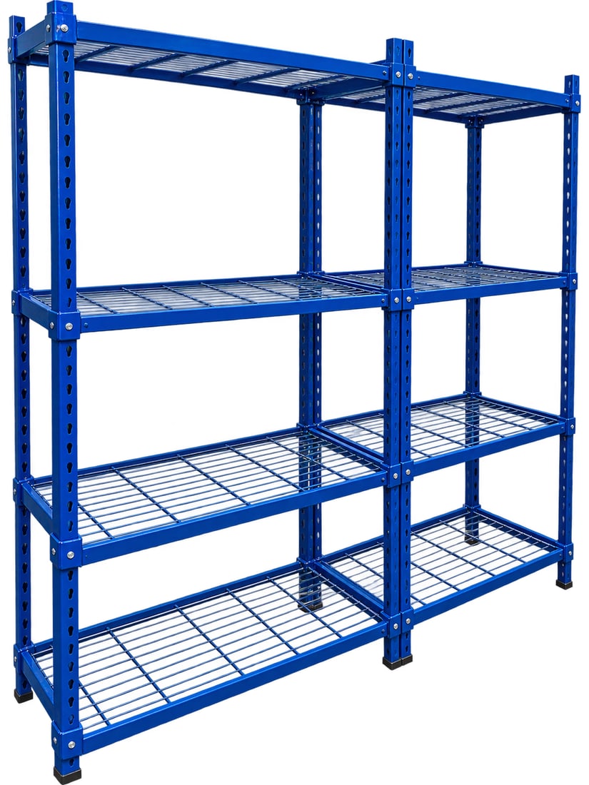 Vintage Industrial Blue Metal Wire Shelving Rack: Vintage Industrial Blue Metal Wire Shelving Rack An industrial heavy-duty blue painted steel storage rack featuring four adjustable levels with wire grid decking and keyhole slot upright posts. SPECIF