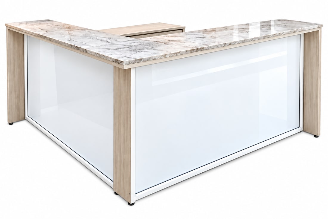 L-Shaped Reception Desk with Marble Counter and Back Bar Credenza: A modern L-shaped reception desk suite featuring light wood laminate paneling, white frosted glass front insert panels, and a faux marble transaction counter with integrated wire management grommets. 