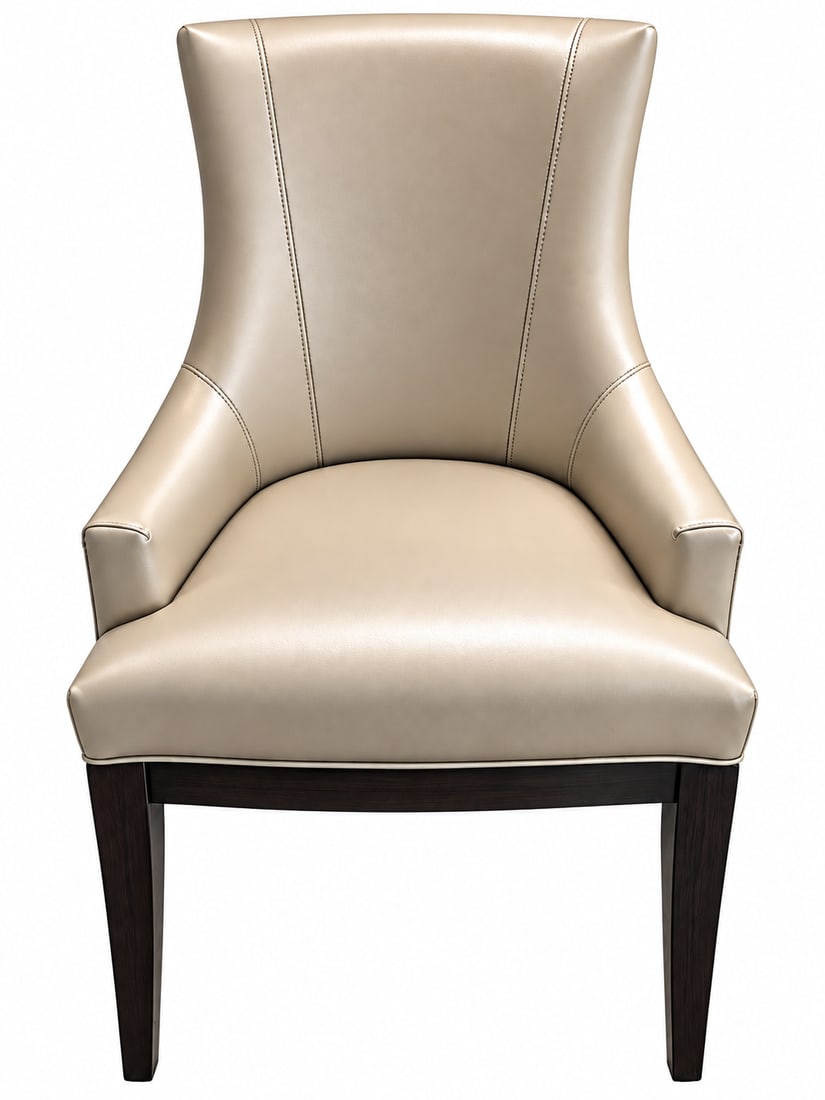 Modern Beige Leather Armchair with Nailhead Trim: A modern accent armchair upholstered in beige leather, featuring a flared backrest, padded sloped arms, decorative nailhead trim along the side seams, and dark espresso wood tapered legs. SPECIFICATIO