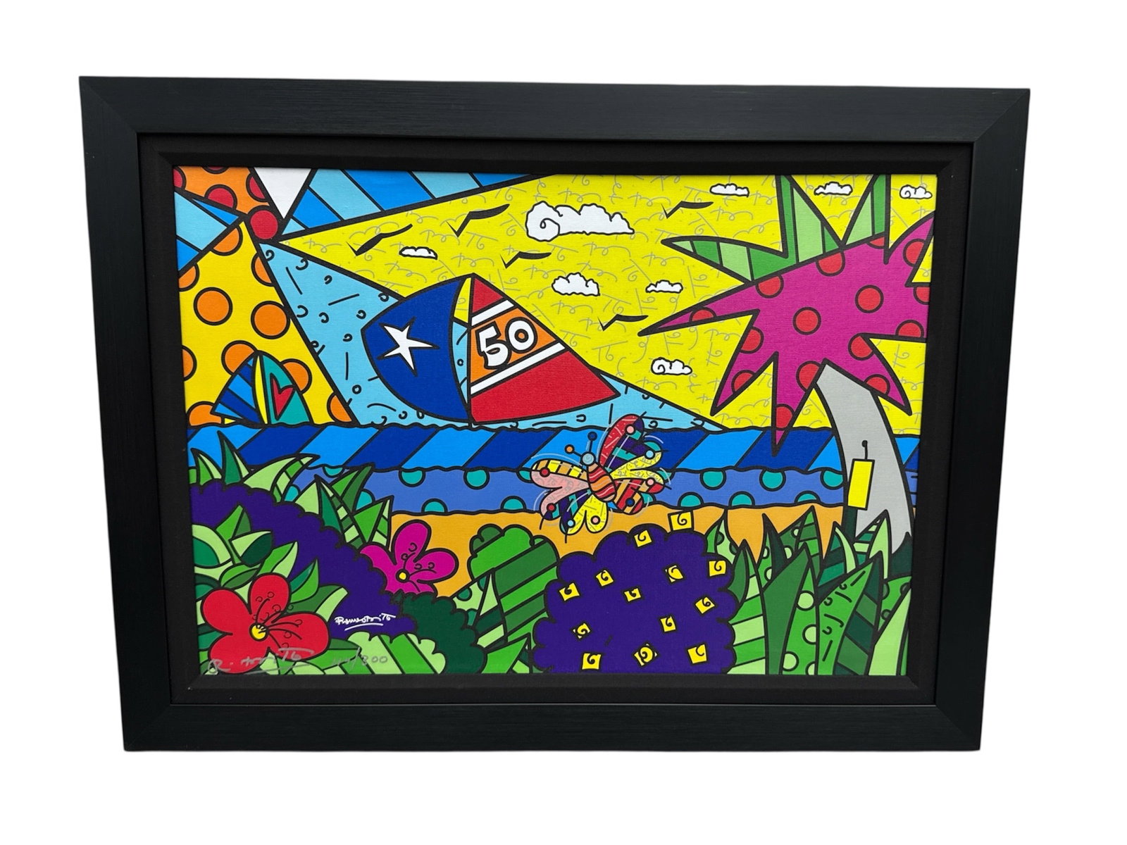 50th Anniversary Coconut Grove Art Festival by Romero Britto Signed Limited Edition Giclee: Limited edition giclee on canvas created for the 50th Anniversary of the Coconut Grove Art Festival by Brazilian-born pop artist Romero Britto. The composition features Brittorsquo;s signature vibrant