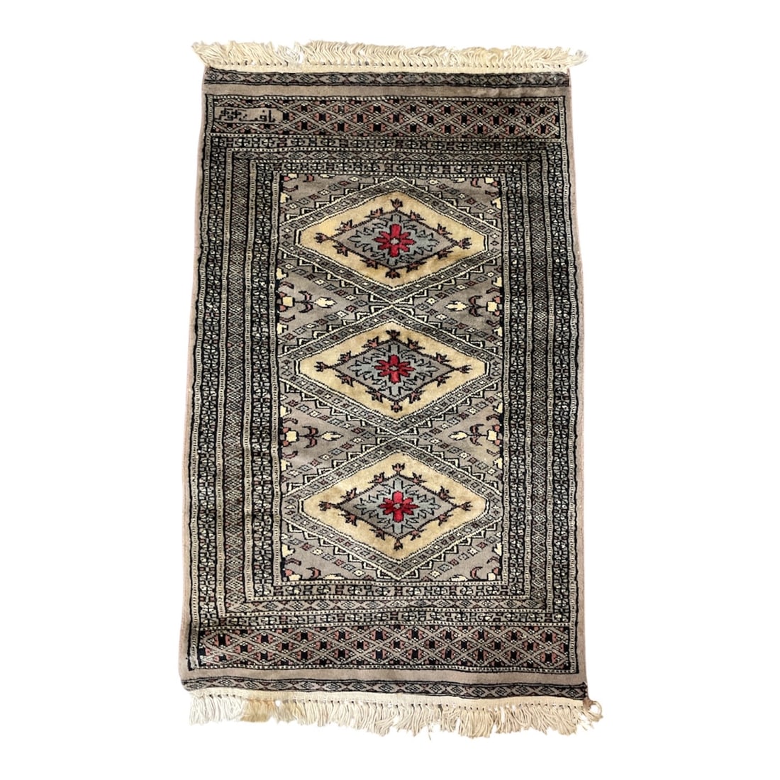 Persian Silk Qum Rug (Iran, 20th Century) Silk on Silk: This fine Persian Qum (Ghom) silk rug features three central serrated diamond medallions on a taupe field, each containing a stylized red floral motif. The field is densely populated with traditional 