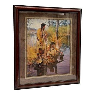 Gathering Water by R.S. Riddick (American, B.1948) Limited Edition Fine Art Print: This serene Western heritage fine art print depicts two Native American women gathering water along a calm riverbank. The woman on the left stands holding a copper kettle, dressed in a beautifully det