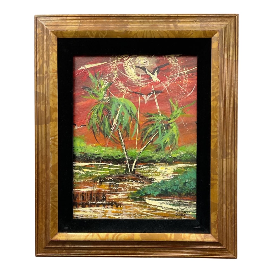Fire Sky by Dominique Tynes Acrylic on Canvas: This striking acrylic painting by Dominique Tynes depicts a dramatic coastal landscape featuring twin palm trees against a fiery red sky with soaring birds. The vibrant composition is beautifully enha