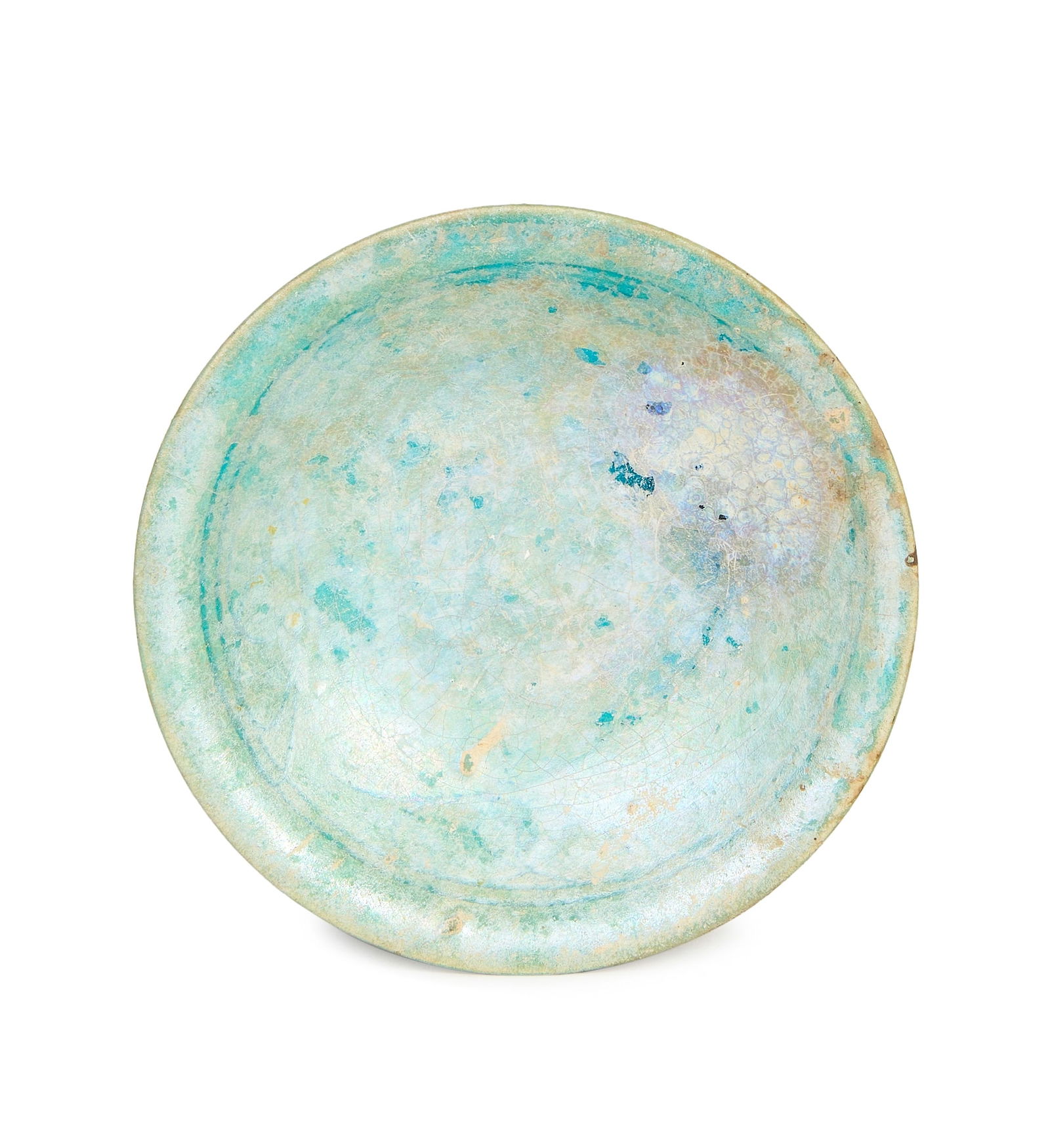 A 12th-century Iranian Kashan pottery footed dish, featuring a stunning turquoise glaze. Diameter: (1 of 3)