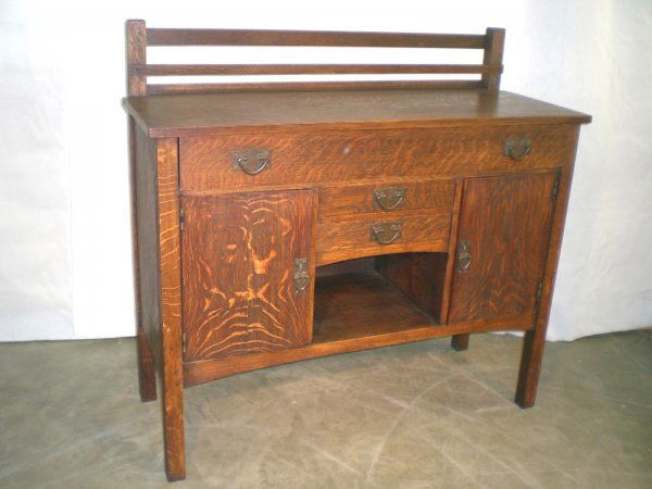 Early Gustav Stickley Sideboard-signed: Signed w/red decal & paper label. Stickley sideboard with chafing dish cubby & early model over 100 years old - 48" wide 46 1/2" tall 18 1/2" deep