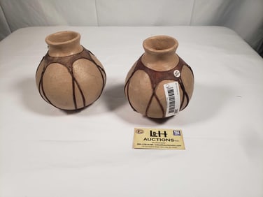 2 - Leather Laced Mexican Clay Pottery Jugs