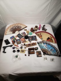 Box Lot - 3 Hand Fans, Glass Cards, Vases, Butterfly Ornaments