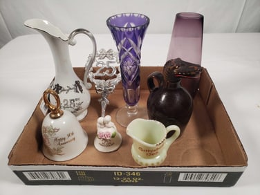 Box Lot - Vases, Anniversary Pcs, & Small Pitcher