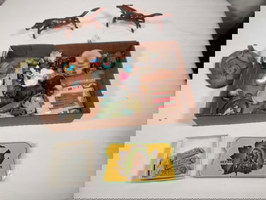 Box Lot - Pottery Pcs - Carved Wooden Horses - Little Lassie Clothes LIne Pins