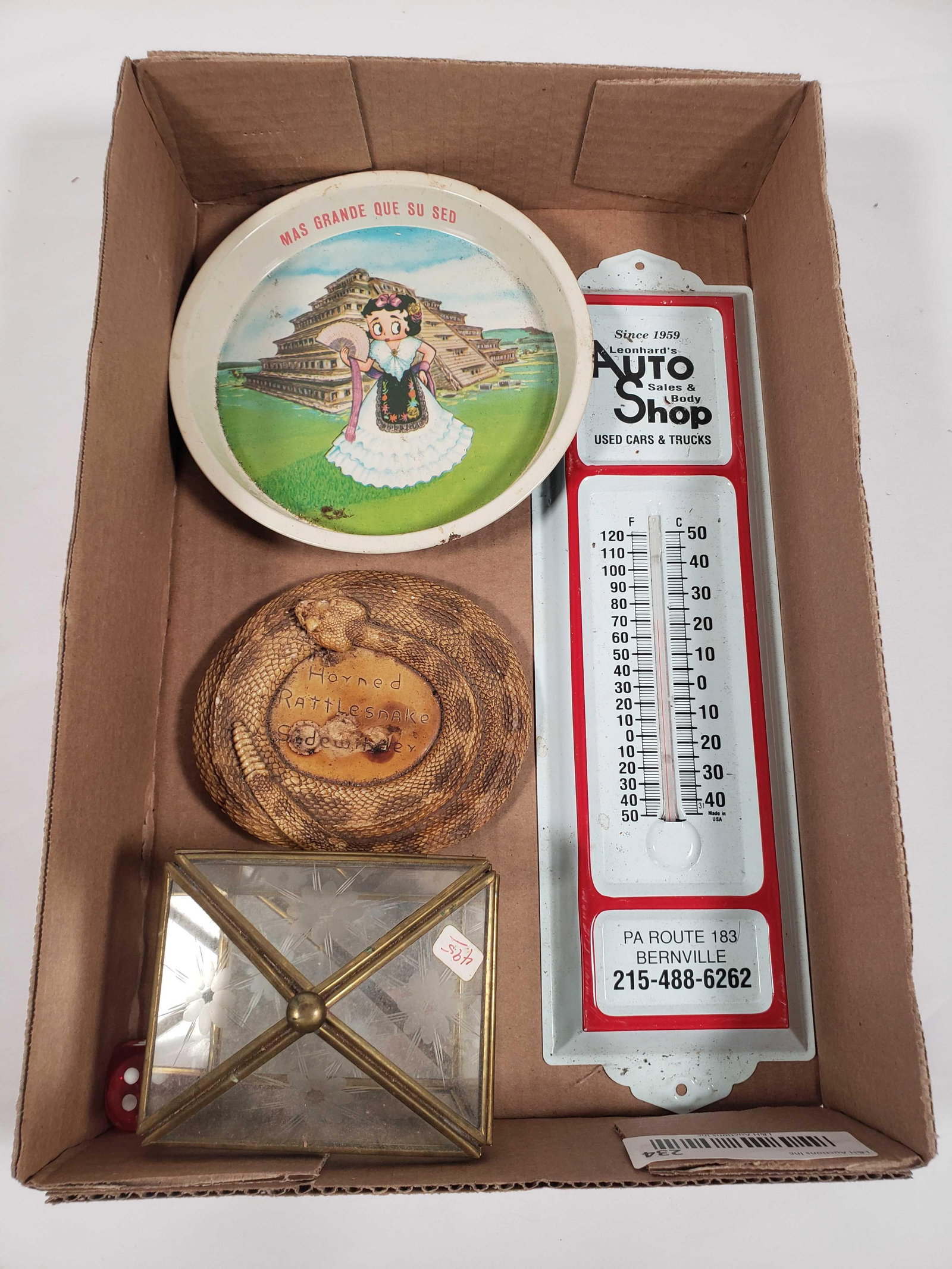 Box Lot - Leonards Auto Thermometer & Misc Advertisements: Box Lot - Leonards Auto Thermometer & Misc Advertisements