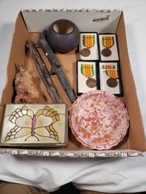 Box Lot - 4 - Republic of Vietnam Medals and Glass Jewelry box