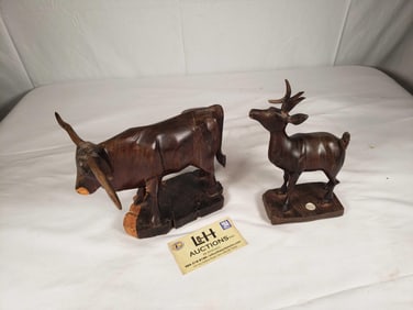 2pcs Carved Iron wood - Longhorn cow and Buck w/damaged antler