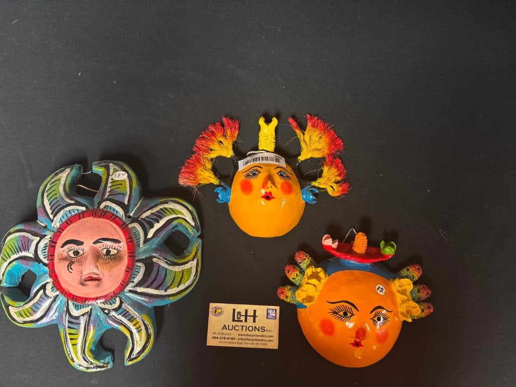 Lot of 3 pcs. Painted Carved Wooden Sun & 2 Decorated Coconut Faces (1 of 11)
