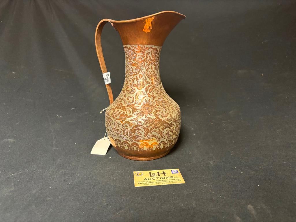 Decorated Copper Pitcher: Decorated Copper Pitcher, 12" High x 7" Wide