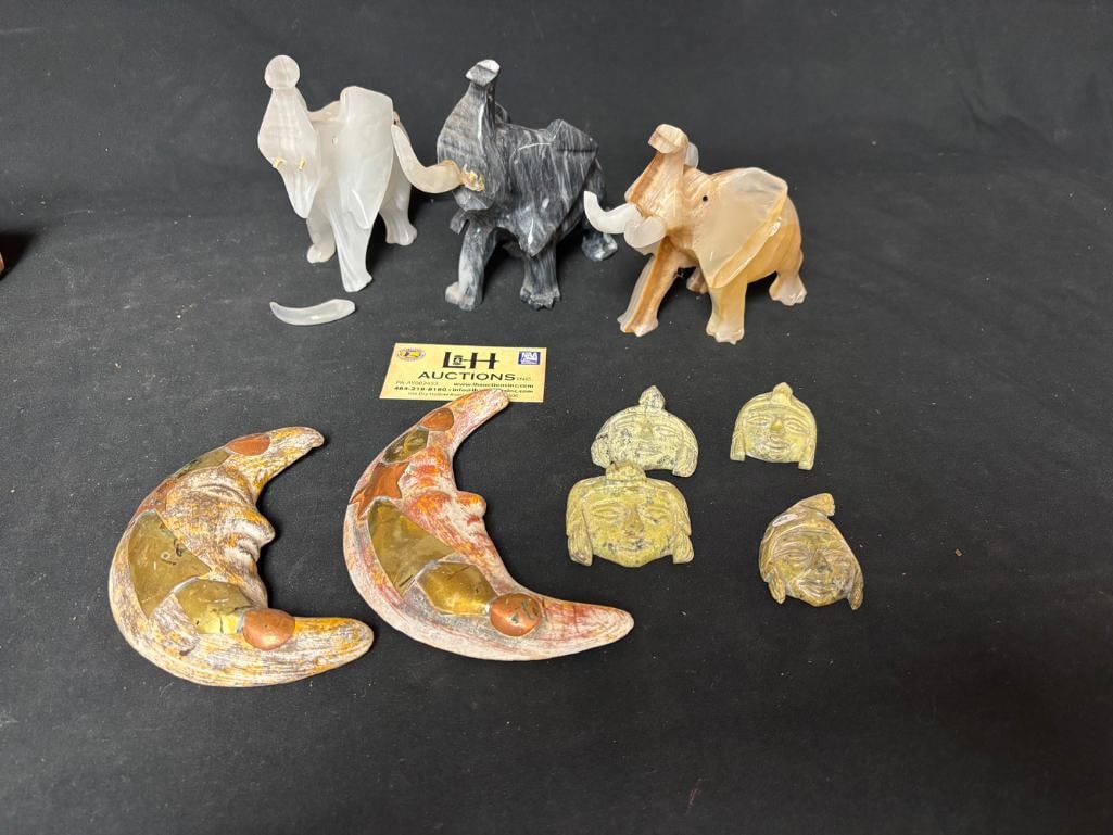 Lot Of 3 Onyx Elephants, 2 Moons & 4 Faces: Lot Of 3 Onyx Elephants, 2 Moons & 4 Faces