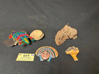 Lot of 7 Misc pieces pottery wood painted shell: Lot of 7 Misc pieces including 3 small pottery saucers, wood base, painted clam shell, carved wood turtle and tin candle holder