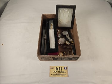 Modern Wrist & Other Watches, Pocket Watch & Small Glass Case Tagged "Gold Nugget $10"