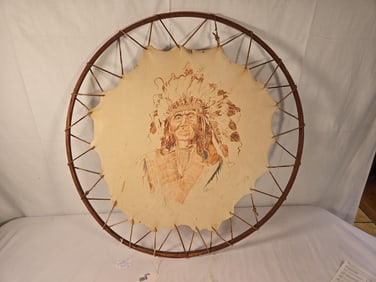 18" Drawing of Indian Chief On Leather Strung On Round Wooden FrameÊ#86