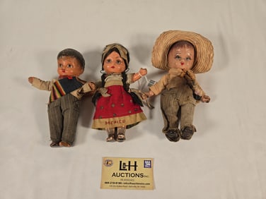 3 Composition Mexican Dolls, 8" Each, Crazing On Faces #64