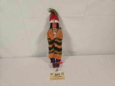 15" (including head dress) SkookumÊMan, ca. 1920, w/glass beads, head dress, strong face, no