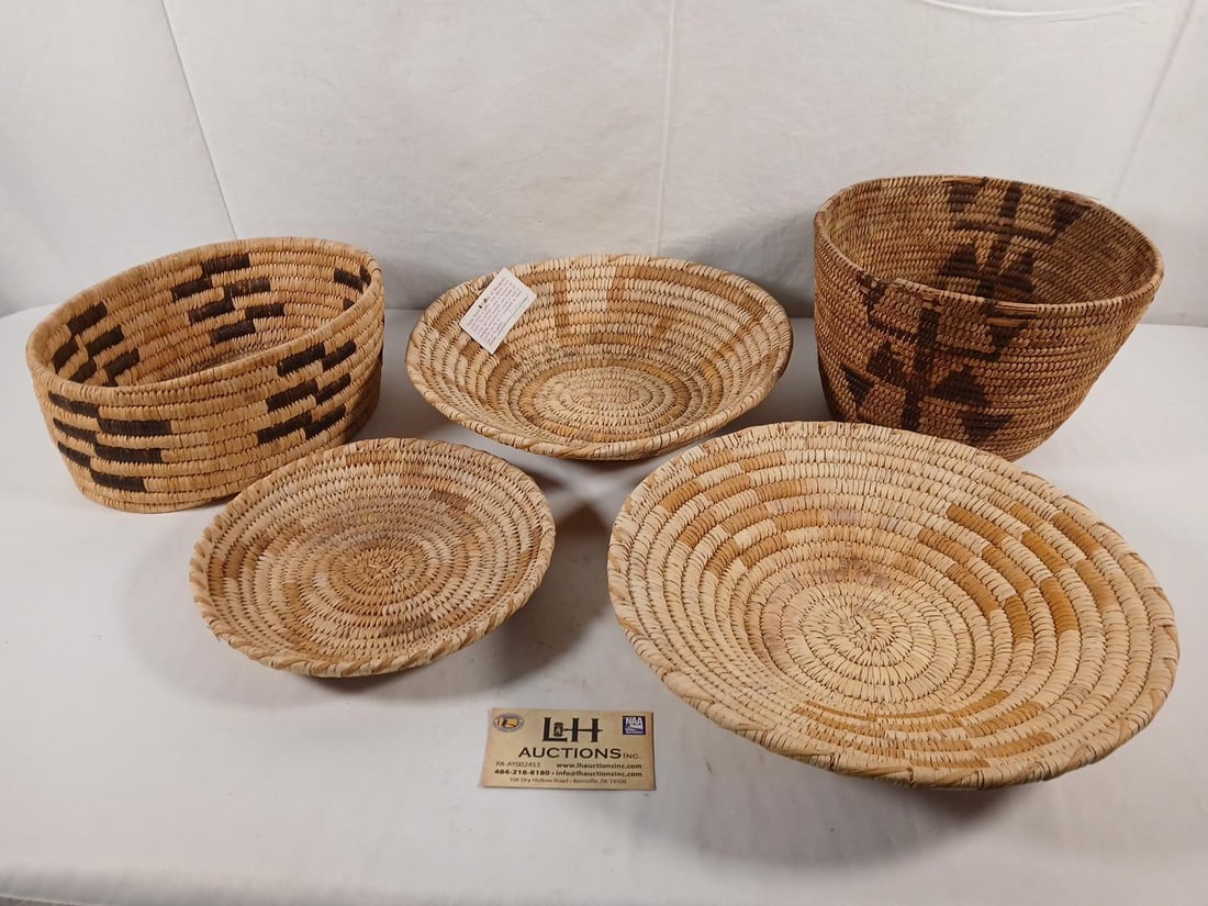 Papago 5 Baskets, 1 by Jophine Enriquez, Approx. 9" x 12" Diameter, Older One3 Has Rum And Bottom Lo: Papago 5 Baskets, 1 by Jophine Enriquez, Approx. 9" x 12" Diameter, Older One3 Has Rum And Bottom Losses #29