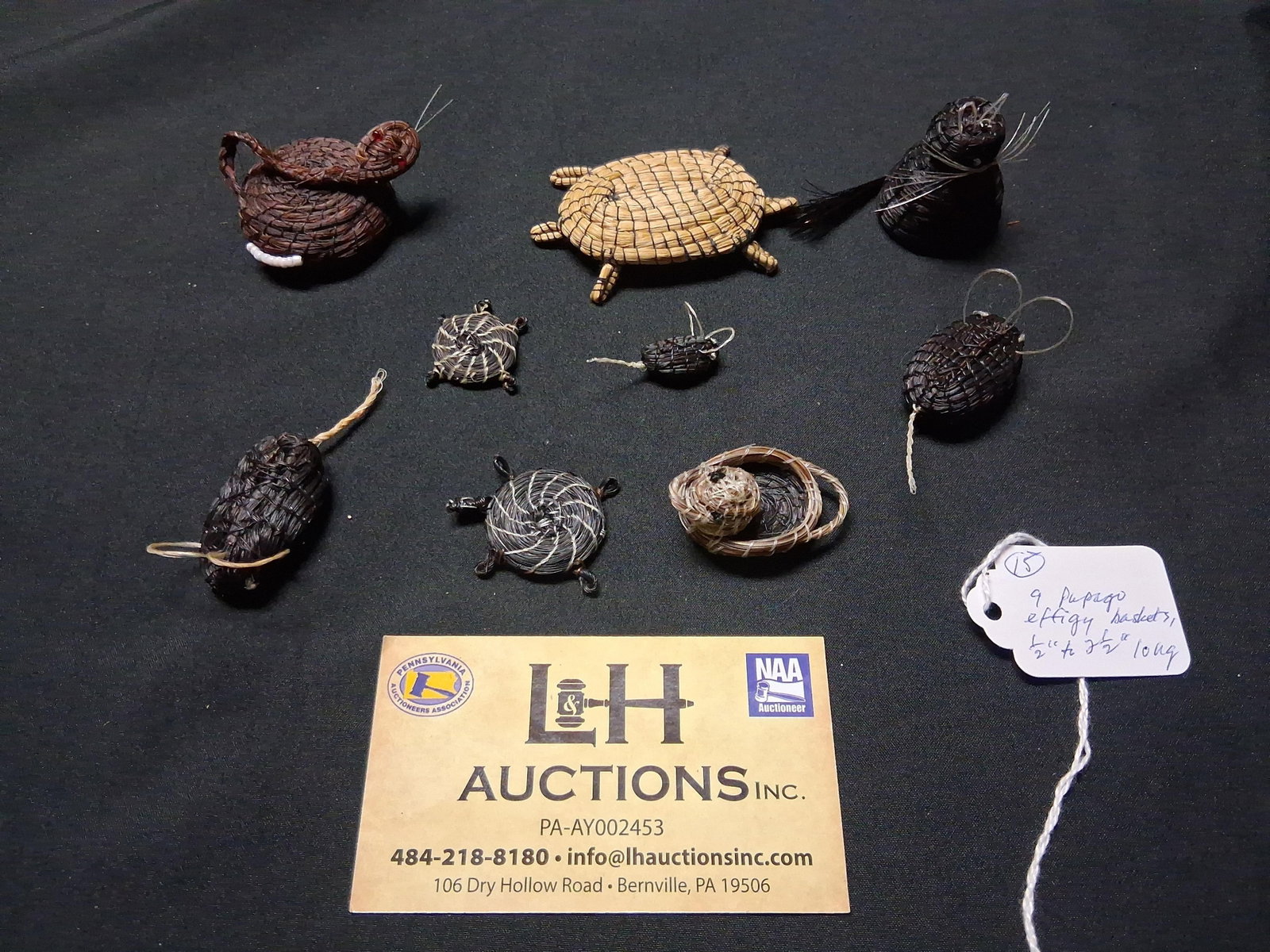 Papago, 9 Effigy Horsehair Baskets, Including Cat, Turtle, Duck, Snake, Approx 1/2" - 2 1/2" Long #1: Papago, 9 Effigy Horsehair Baskets, Including Cat, Turtle, Duck, Snake, Approx 1/2" - 2 1/2" Long #15