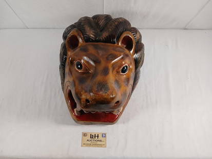 Guatemalan ? Carved Wood Lion Mask: Guatemalan ? Carved Wood Lion Mask, 16" T x 14" W x 10" D