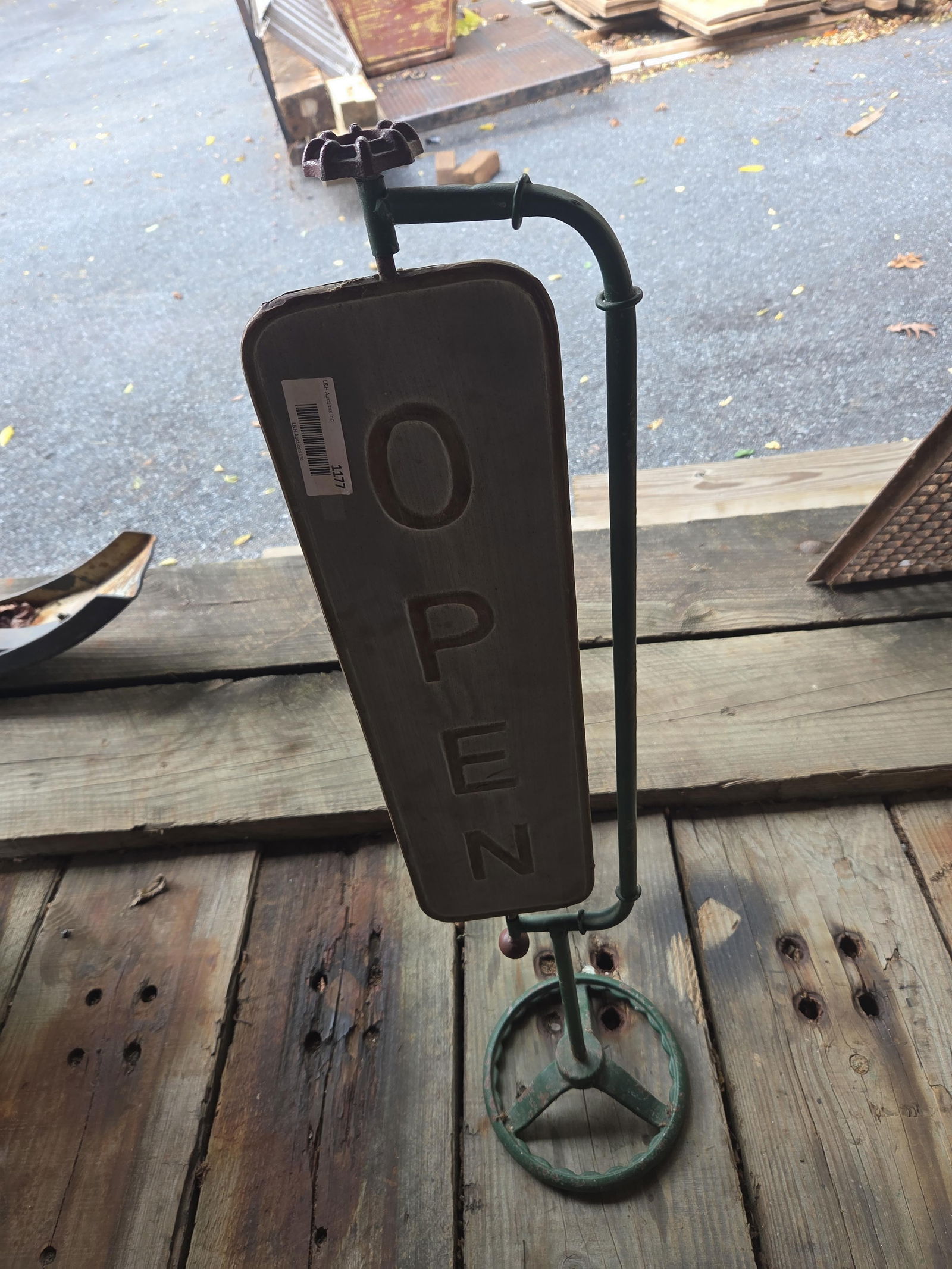 Antique OPEN CLOSED sign on metal stand (1 of 2)