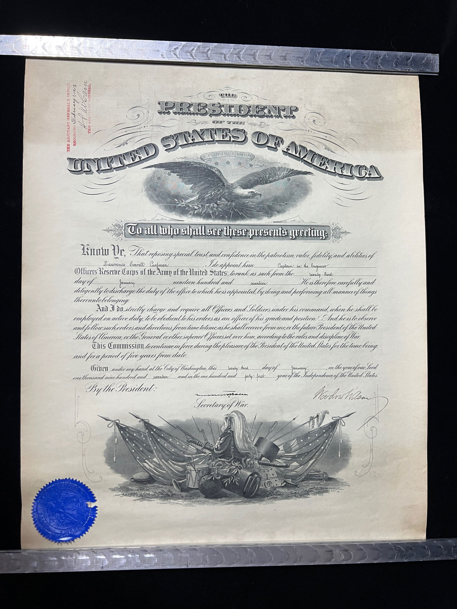 Official WWI Signed Woodrow Wilson Document of Captain of the Engineer (1 of 9)