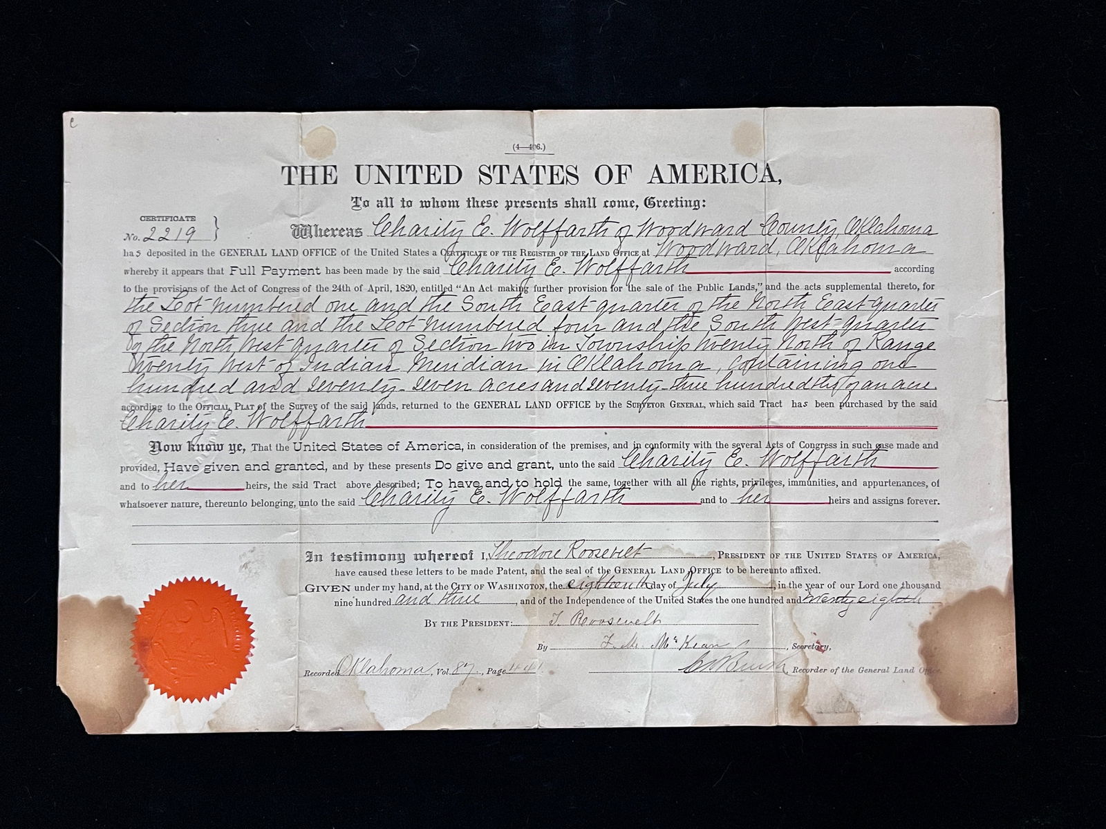 Signed President Theodore Roosevelt Antique Land Grant for Oklahoma (1 of 13)