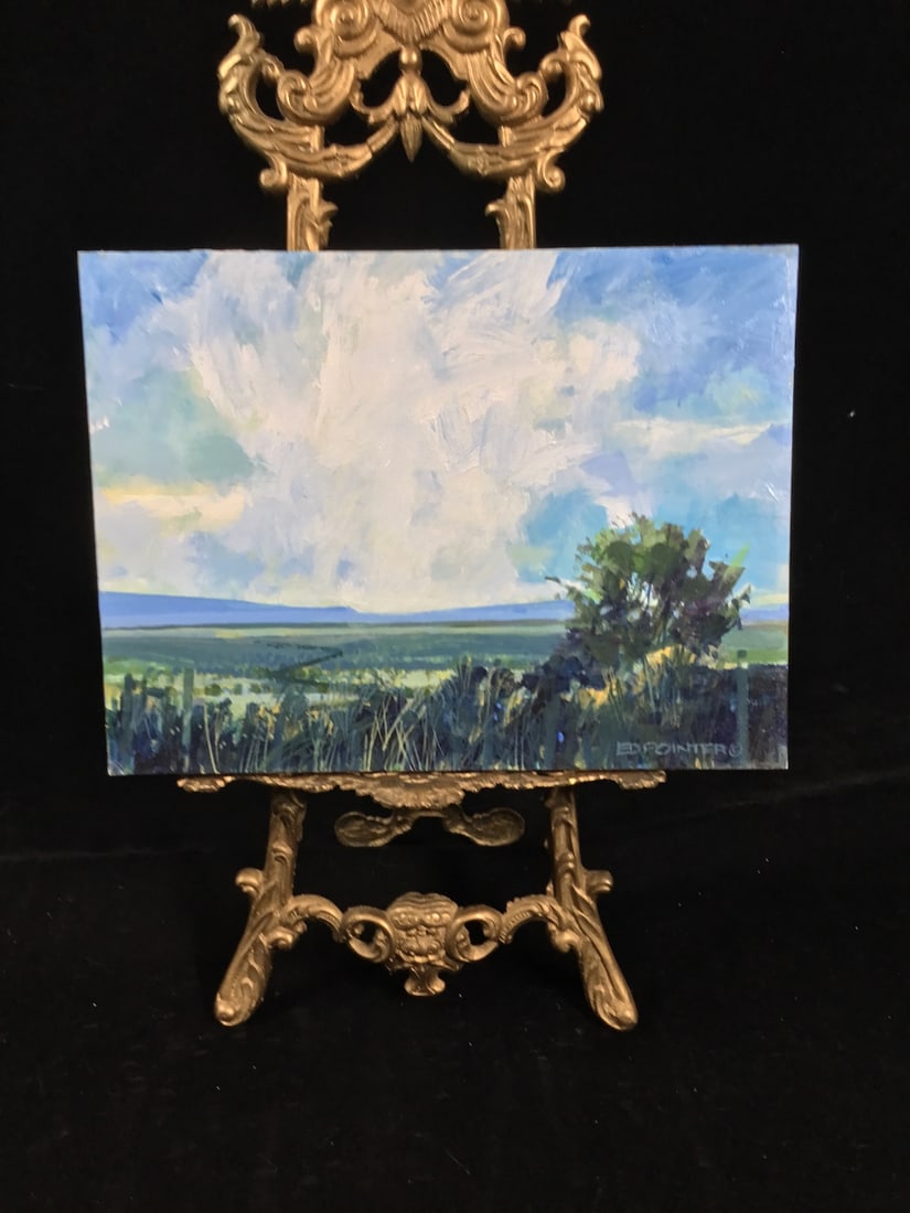 Building Thunder’ Ed Pointer, American Southwest painting acrylic on board: Building Thunder’ Ed Pointer, American Southwest painting acrylic on board MEDIUM: Acrylic on Masonite Panel DIMENSIONS: Sight 9 x 12 inches Unframed CIRCA: 2000 ATTRIBUTION: Ed Pointer, American (1