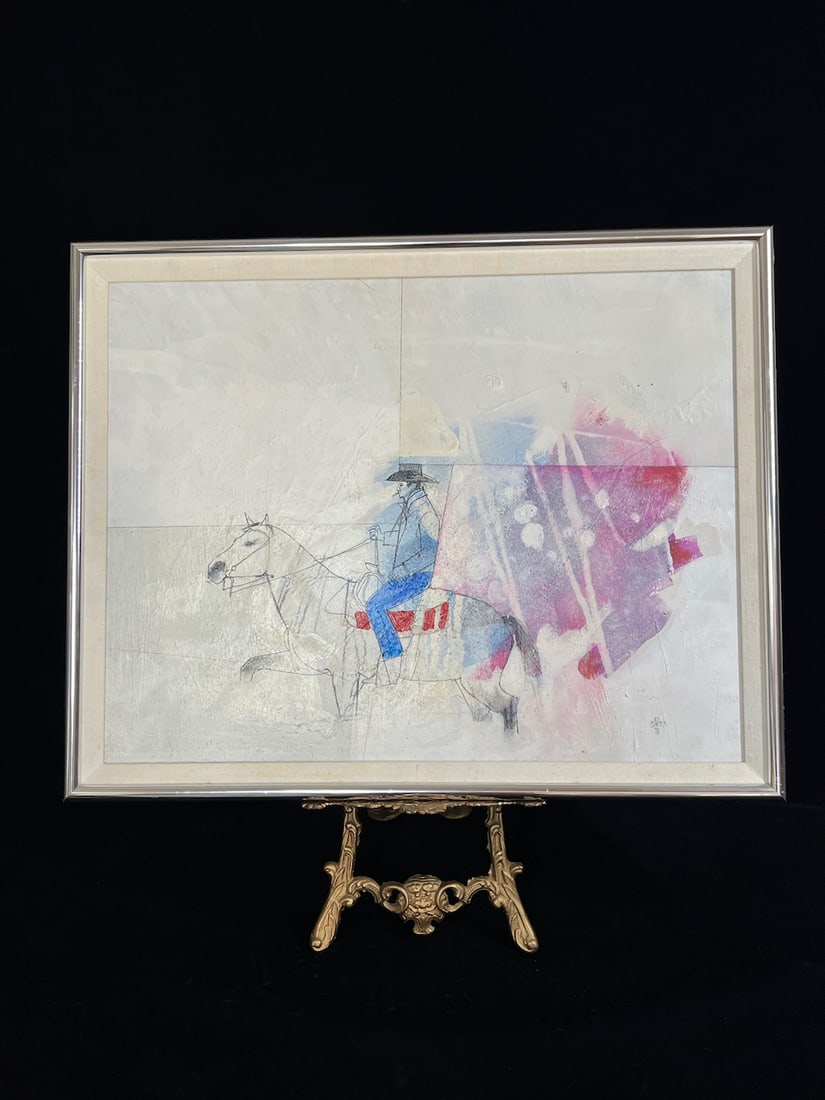 Vintage Painting Riding Cowboy Original Ed Pointer, American (1932-2021): Vintage Painting Riding Cowboy Original Ed Pointer, American (1932-2021) MEDIUM: Mixed Media Acrylic and Ink on Masonite Panel DIMENSIONS: Sight 23 x 19 Framed 25.5 x 20.5 inches CIRCA: 1970 ATTRIBUTI