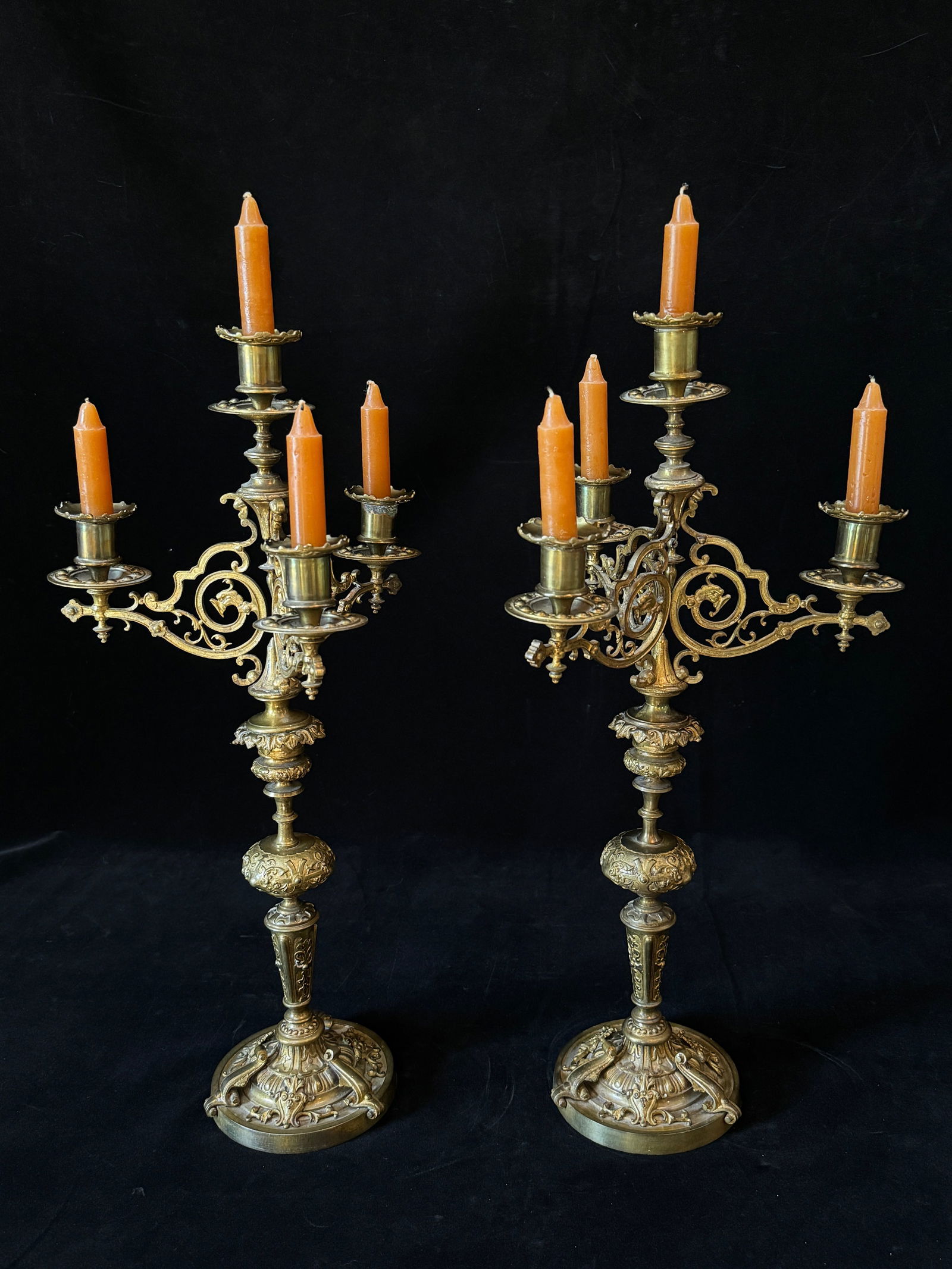 Antique Rococo Pair of Cast Brass Candelabras (1 of 5)