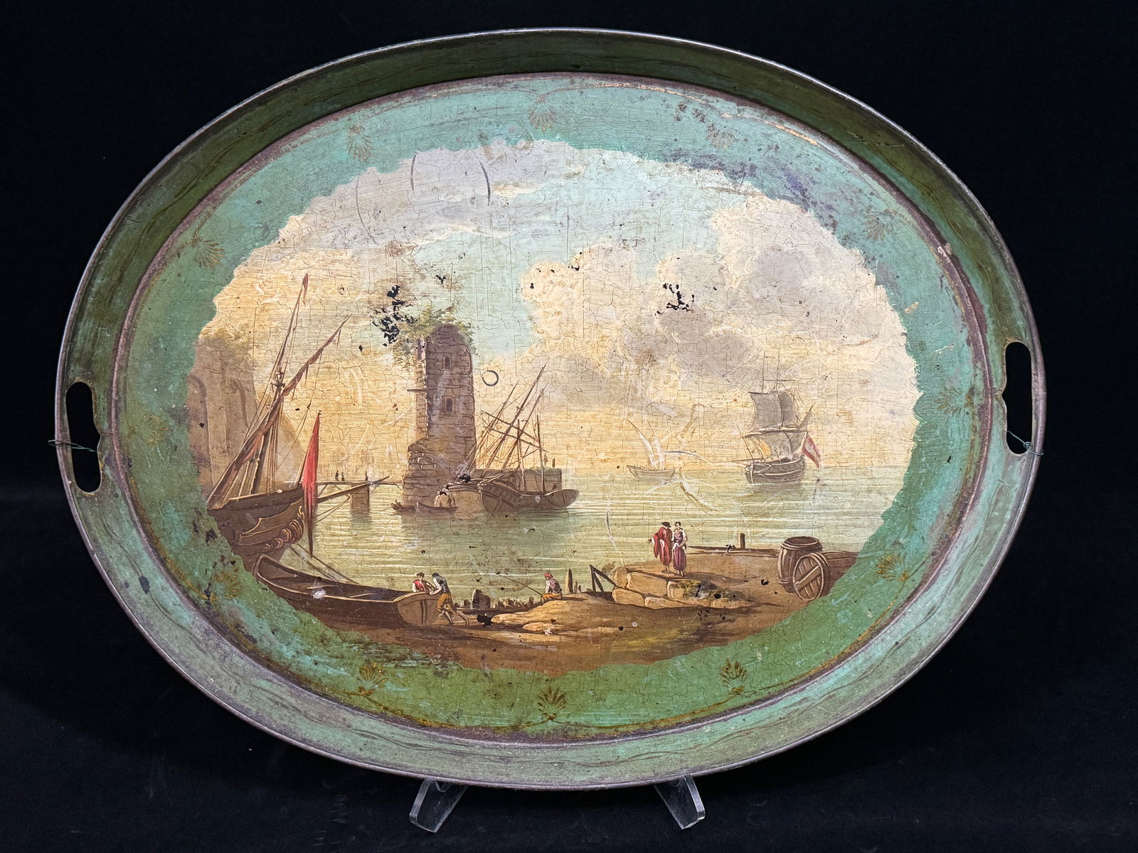 Antique Tole painted Tin Tray of Masted Ships (1 of 10)