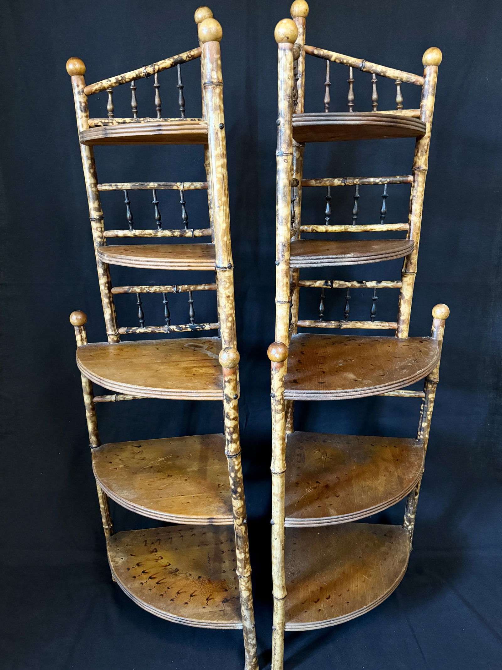 Pair Of Antique 5-Tiered Bamboo Corner Whatnot Shelves with Pyrography Detailing (1 of 7)