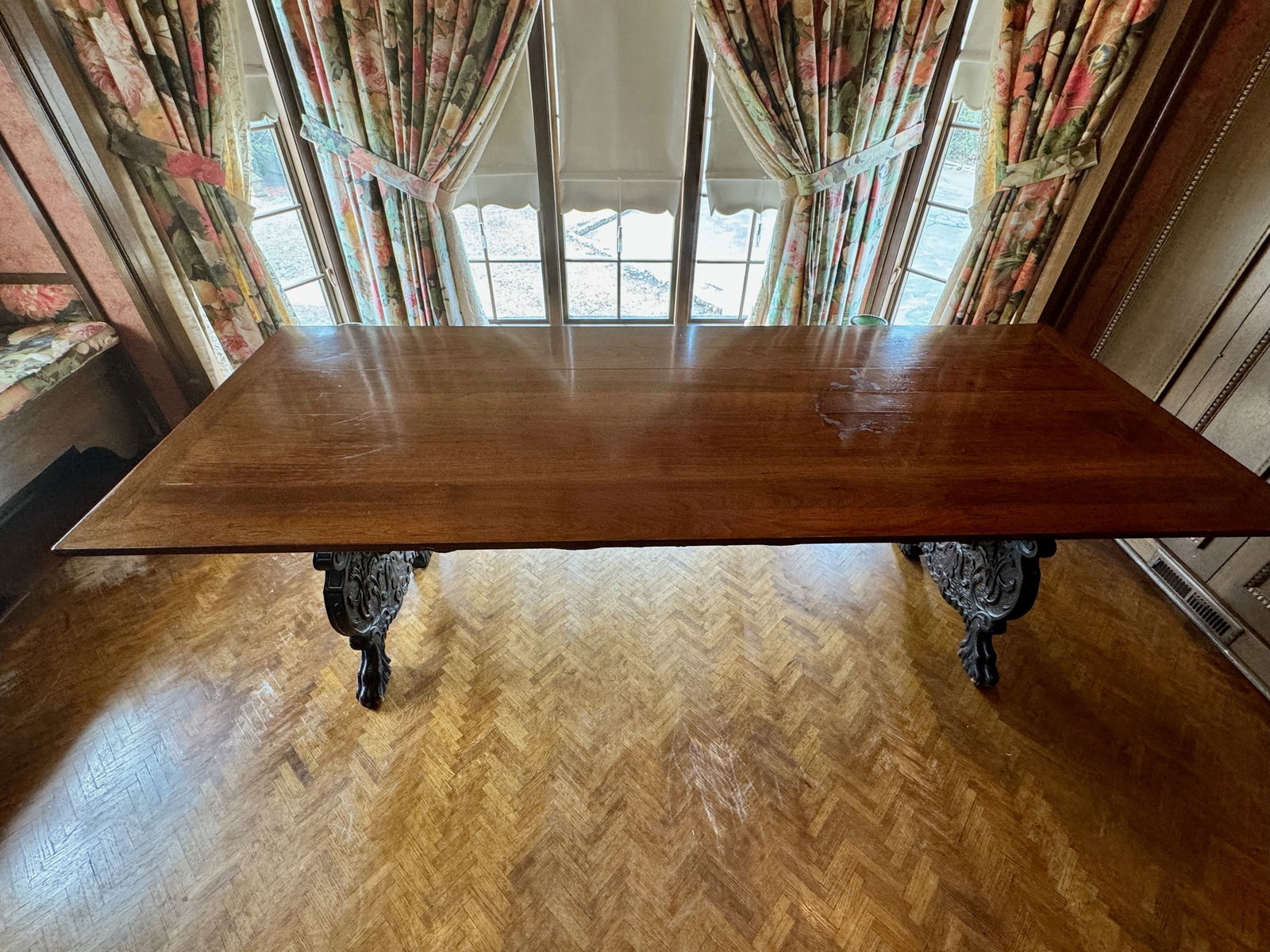 Antique Trestle Dining Table Carved with Griffon Feet 7’ (1 of 12)