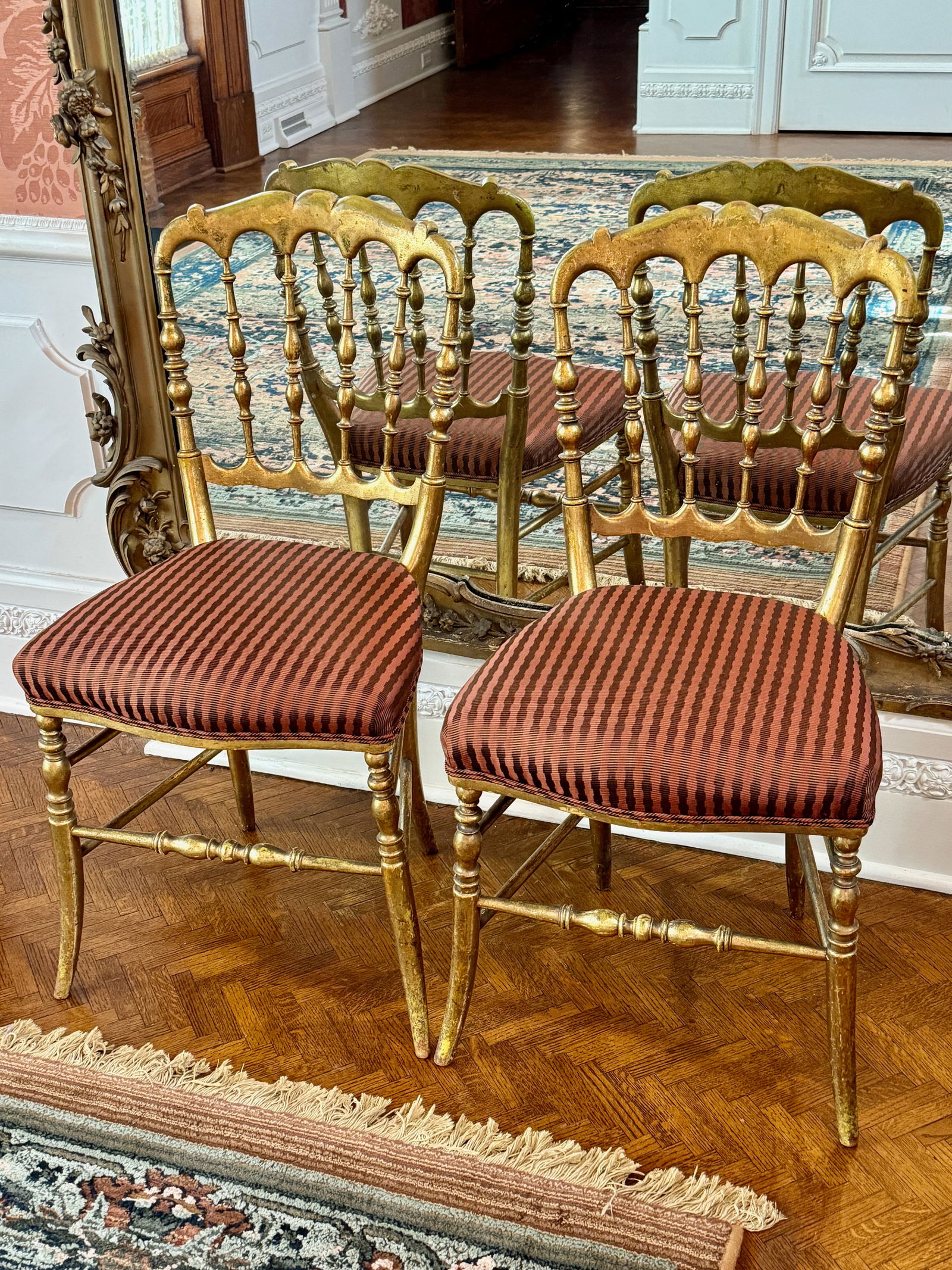 Pair of Gilt Victorian spindle side chairs with turned spindle legs (1 of 5)