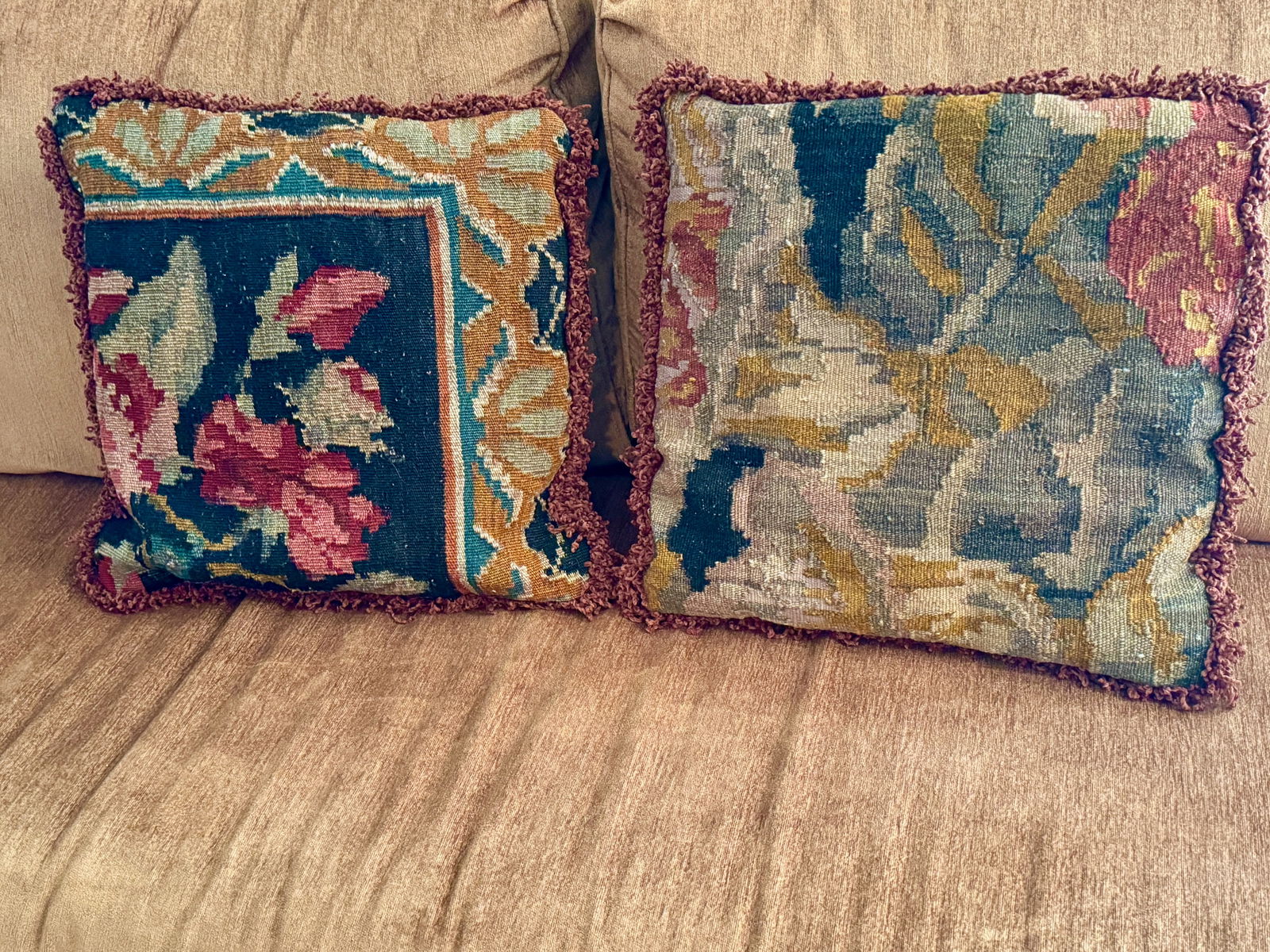 2 Antique pillows made from 18th C Russian kilim fragments with buttoned black velvet backs (1 of 5)