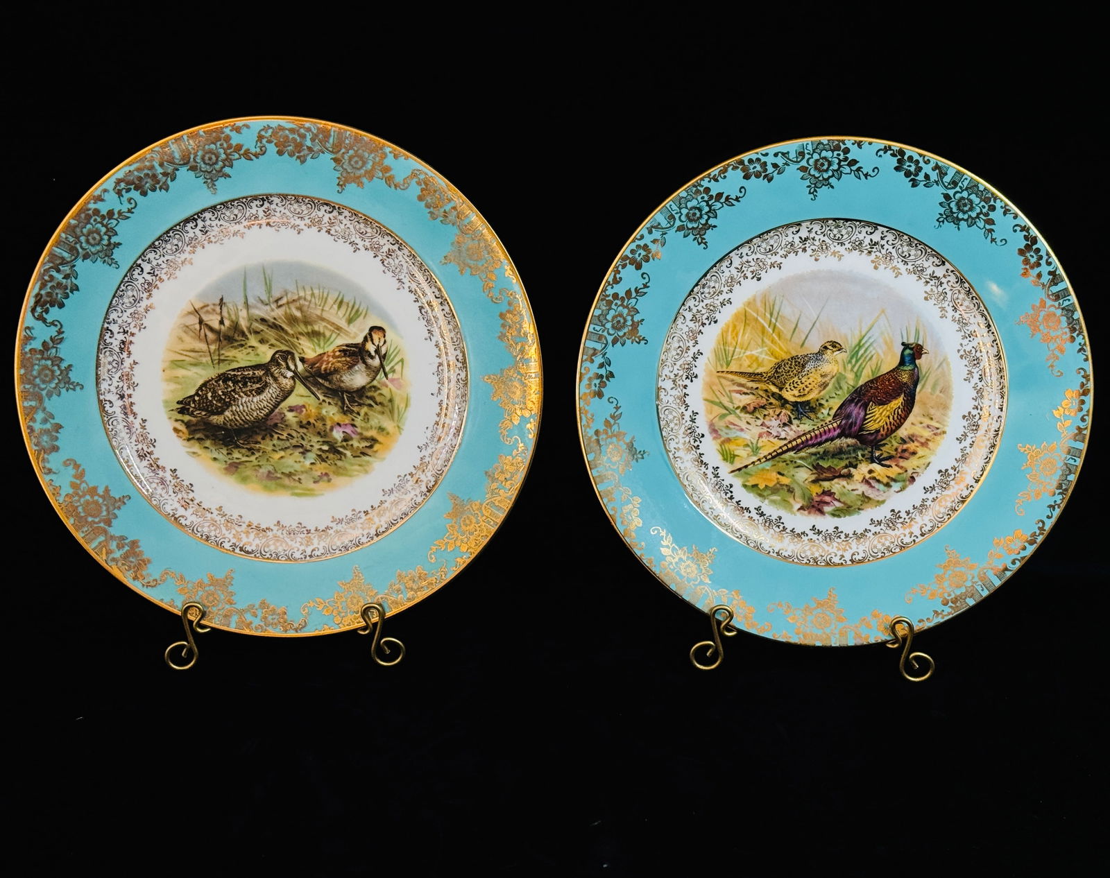 Pair JWK German Intricately Gilt Bird Porcelain Plates Pheasant and Sandpiper (1 of 9)