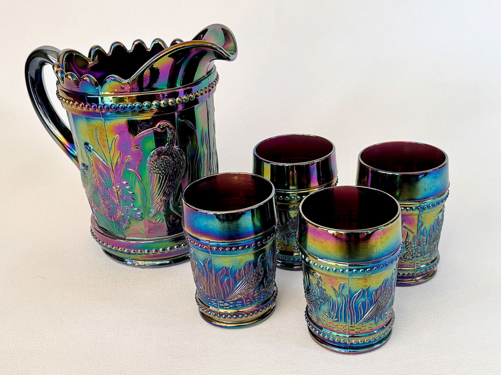 Westmoreland Deep Purple Carnival Glass Pitcher and 4 glasses Bird Pattern (1 of 6)