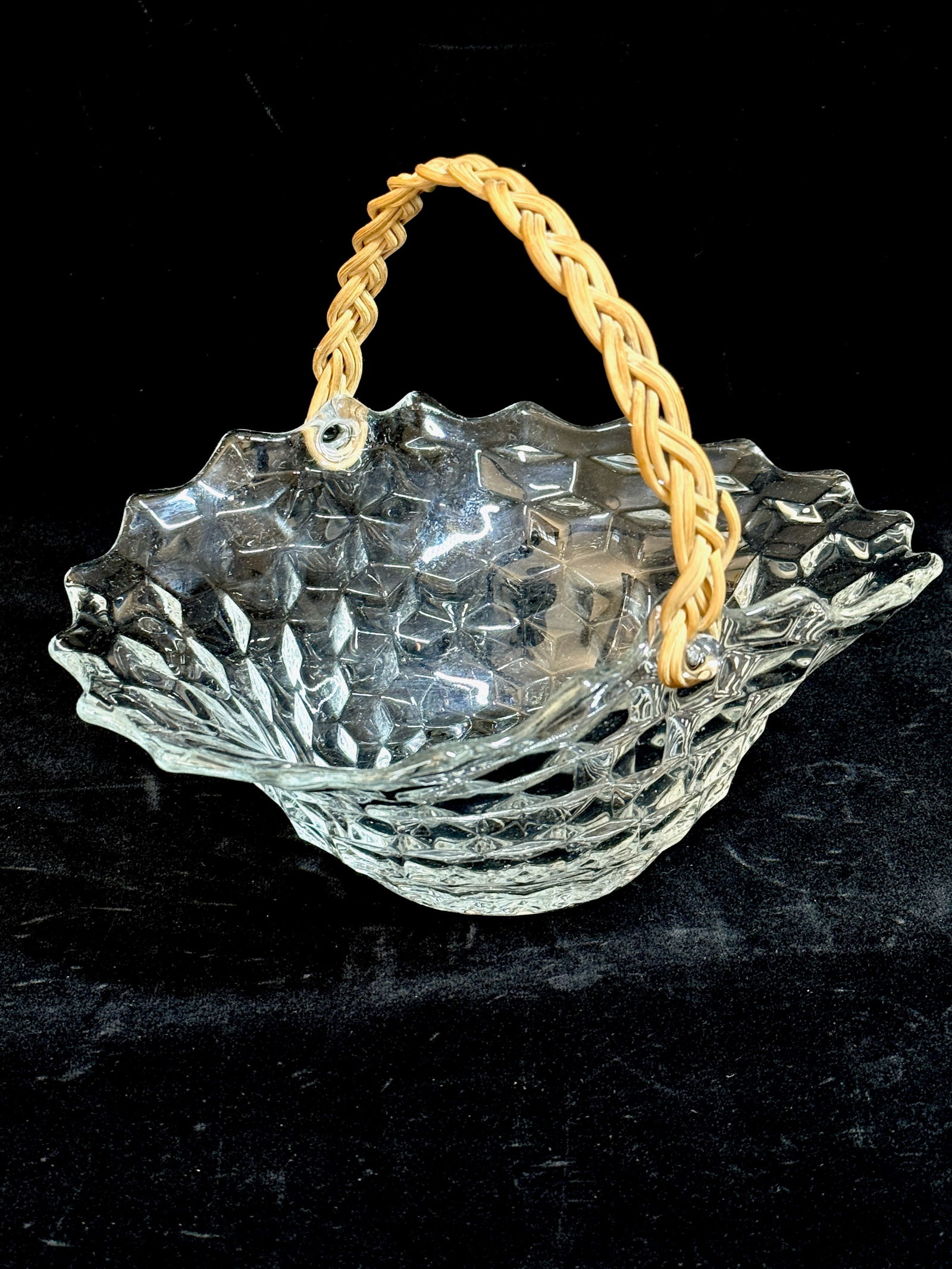 Fostoria Glass Basket American Pattern - with Woven Reed handle (1 of 4)