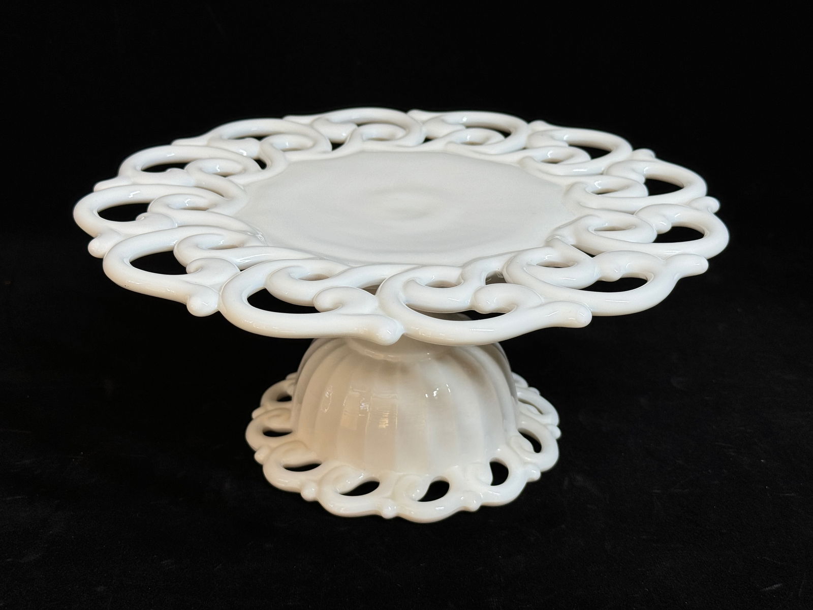 Antique Milk Glass Cake Stand With A Decorative Pierced Lace Edge And Foot (1 of 6)