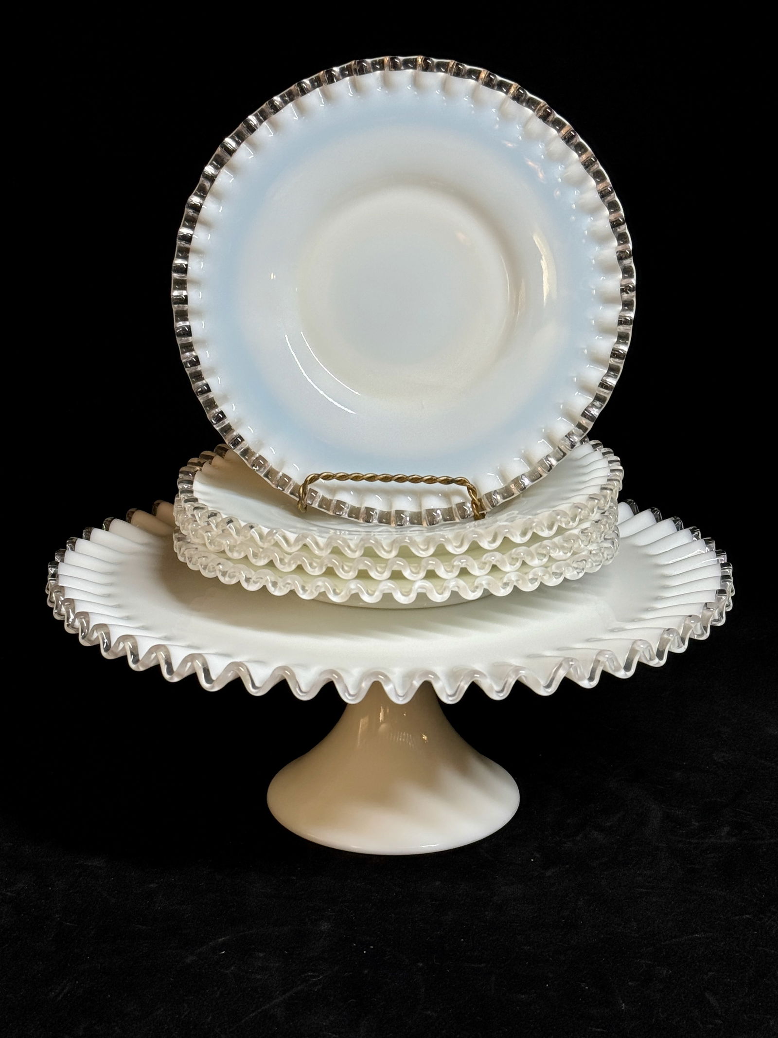 Lovely Pressed Glass Fenton Cake Stand and 4 Plates Silver Crest Pattern (1 of 5)